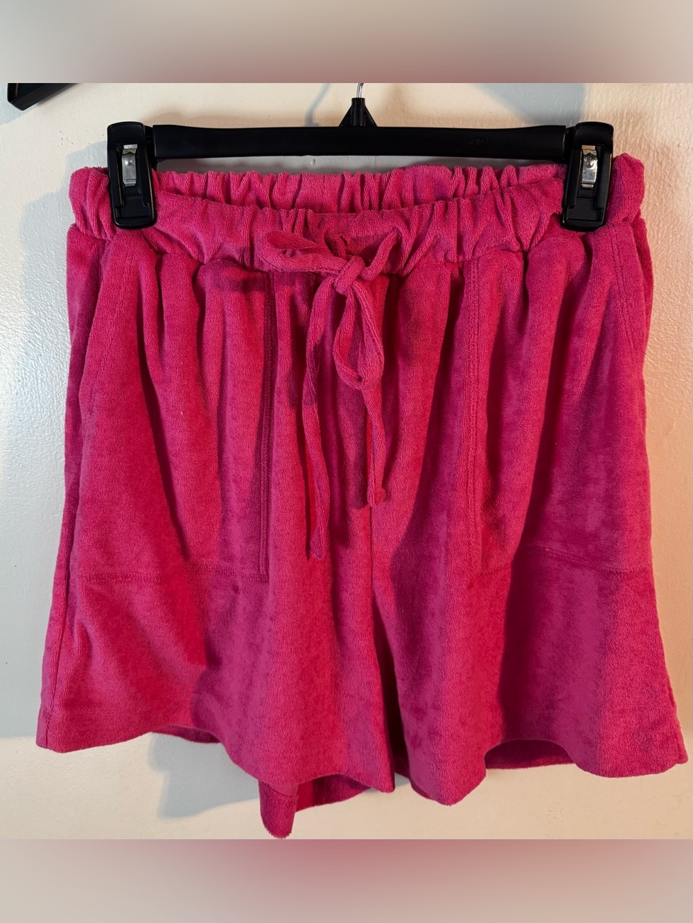 Zenana Outfitters Hot Pink Terry Drawstring High Waist Shorts